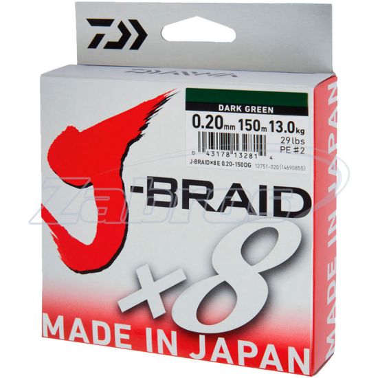Фотографія Daiwa J-Braid X8, 12751-022, 0,22 мм, 17 кг, 150 м, Dark Green