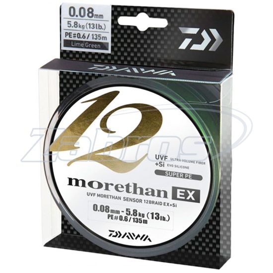 Фотографія Daiwa Morethan 12 Braid EX+SI, 12695-008, 0,08 мм, 5,8 кг, 135 м, Lime Green